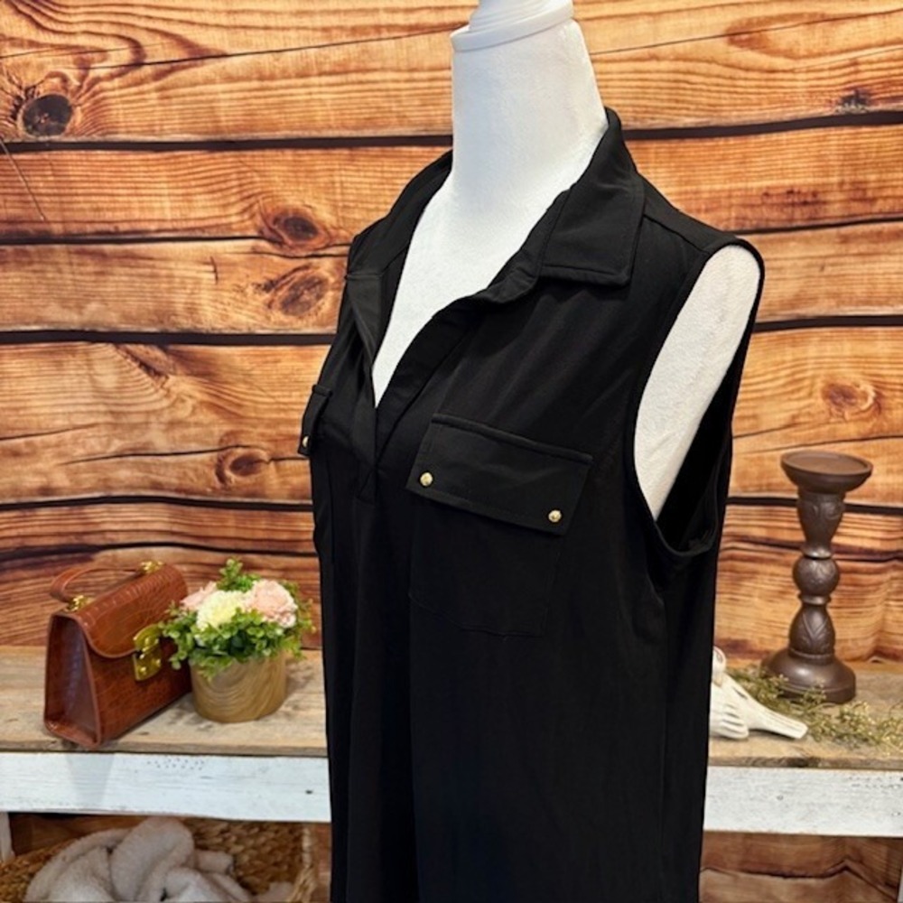 Blue Mood Womens Black Collared Sleeveless Blouse w/Pockets Size PXL - Picture 2 of 8